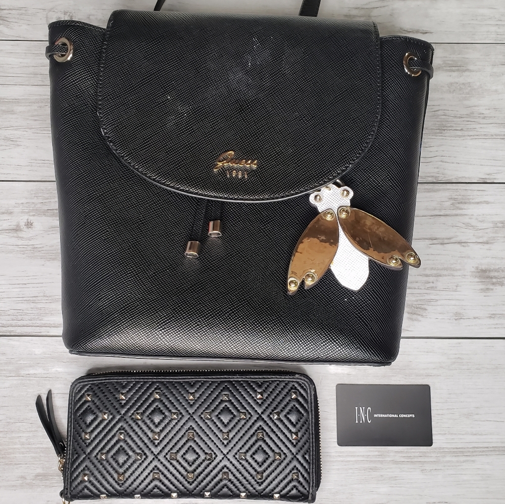 Guess Backpack Purse Bee Black INC Wallet Fashion Bundle Studs Rocker Chick